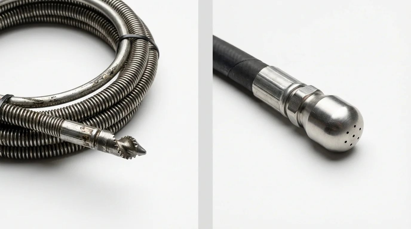 Drain snake cable and hydro jetting nozzle used for drain cleaning in Hebron, CT